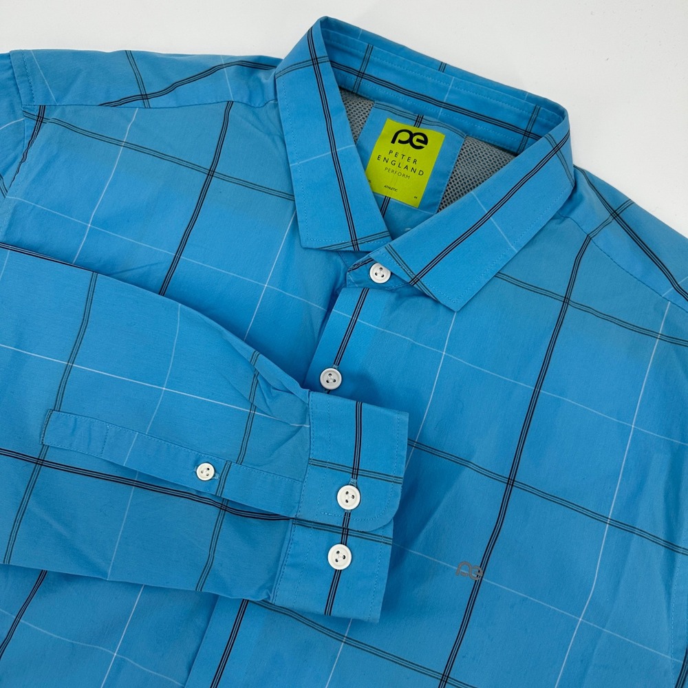 Peter England Perform Mens XXL Blue‎ Grid Super Slim Athletic Fit Dress Shirt
